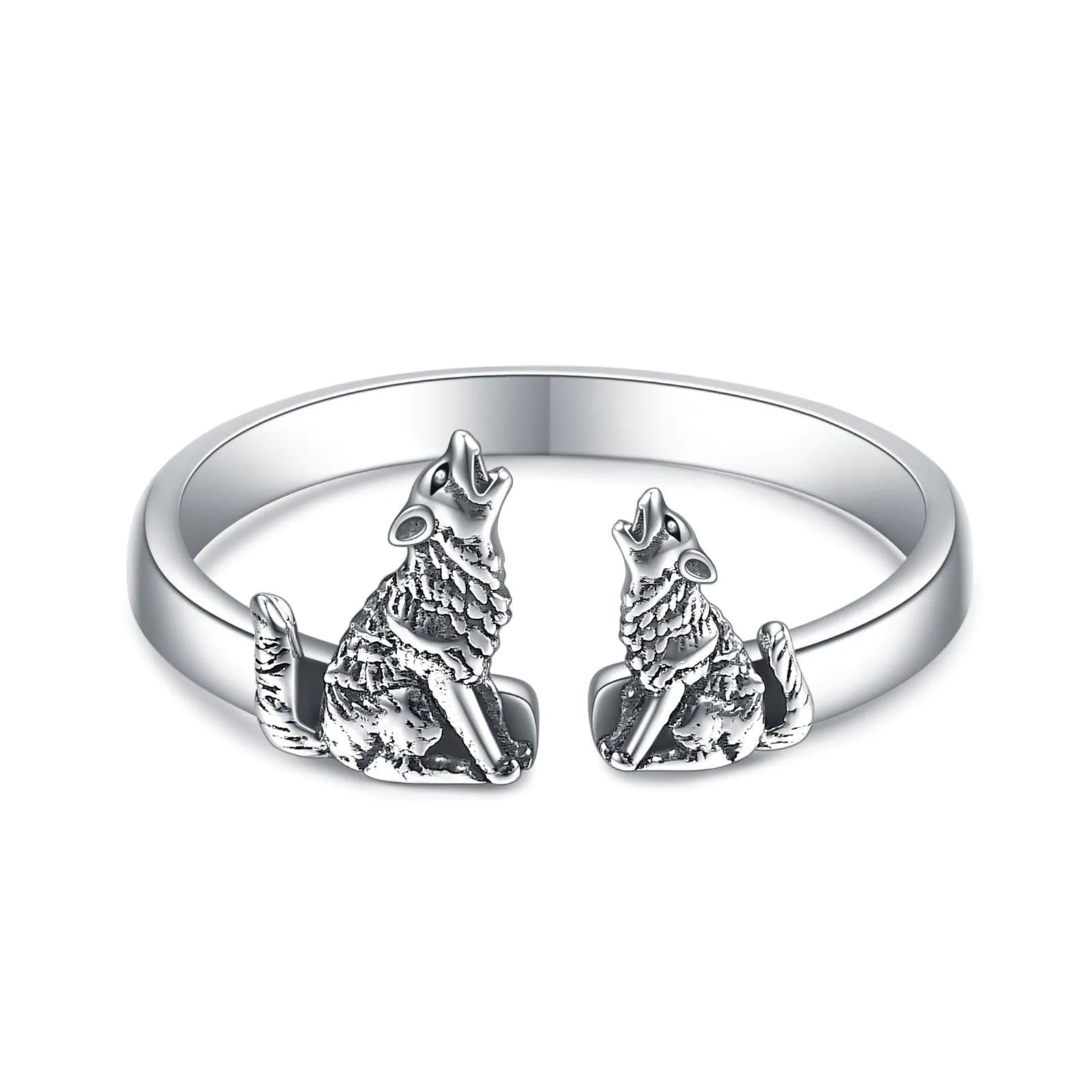 image-Sterling Silver Wolf Rings Mother and Child Open Adjustable Size Rings