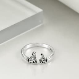 image-Sterling Silver Wolf Rings Mother and Child Open Adjustable Size Rings