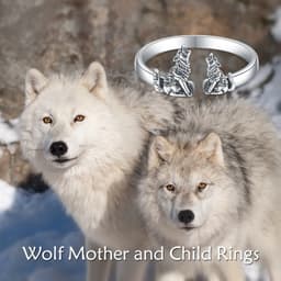 image-Sterling Silver Wolf Rings Mother and Child Open Adjustable Size Rings