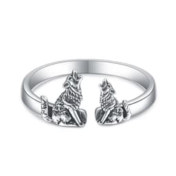 image-Sterling Silver Wolf Rings Mother and Child Open Adjustable Size Rings