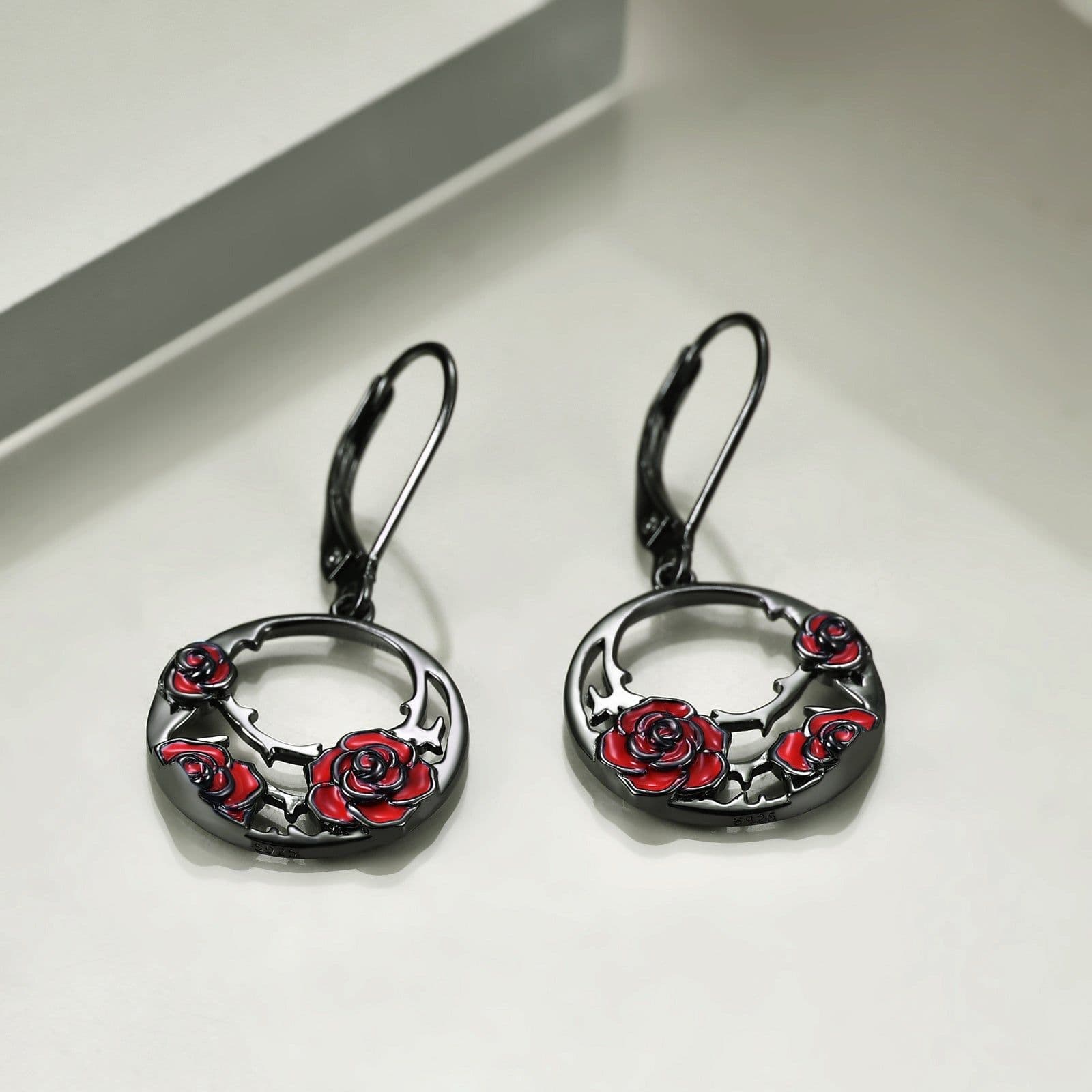 image-Sterling Silver Red Rose Flower Leverback Earrings Jewelry for Women