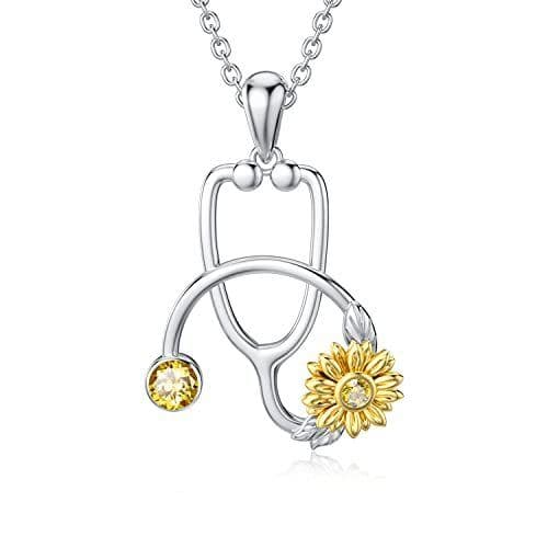 image-925 Sterling Silver Sunflower Stethoscope Medical Doctor Nurse Student Graduation Pendant Necklace