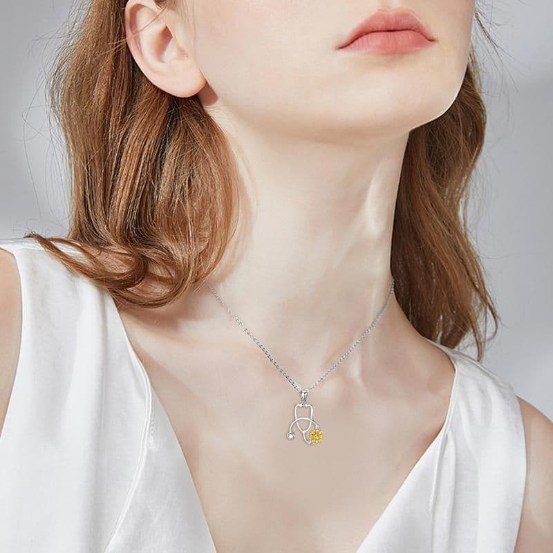 image-925 Sterling Silver Sunflower Stethoscope Medical Doctor Nurse Student Graduation Pendant Necklace