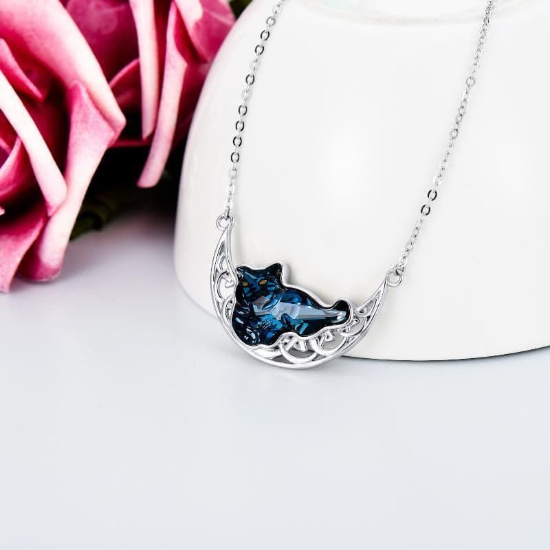 image-Cat and Celtic Moon Necklace with Blue Crystal in S925 Sterling Silver