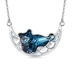 image-Cat and Celtic Moon Necklace with Blue Crystal in S925 Sterling Silver