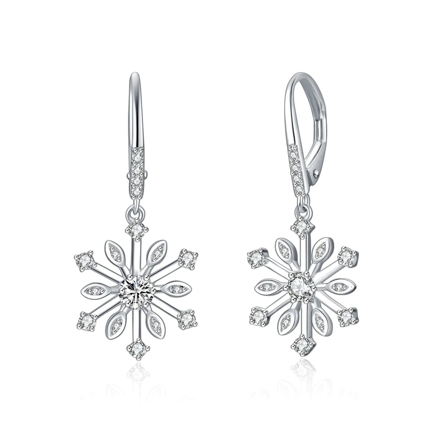 image-Sterling Silver Zirconia Snowflake Leverback Dangle Drop Earrings Jewelry