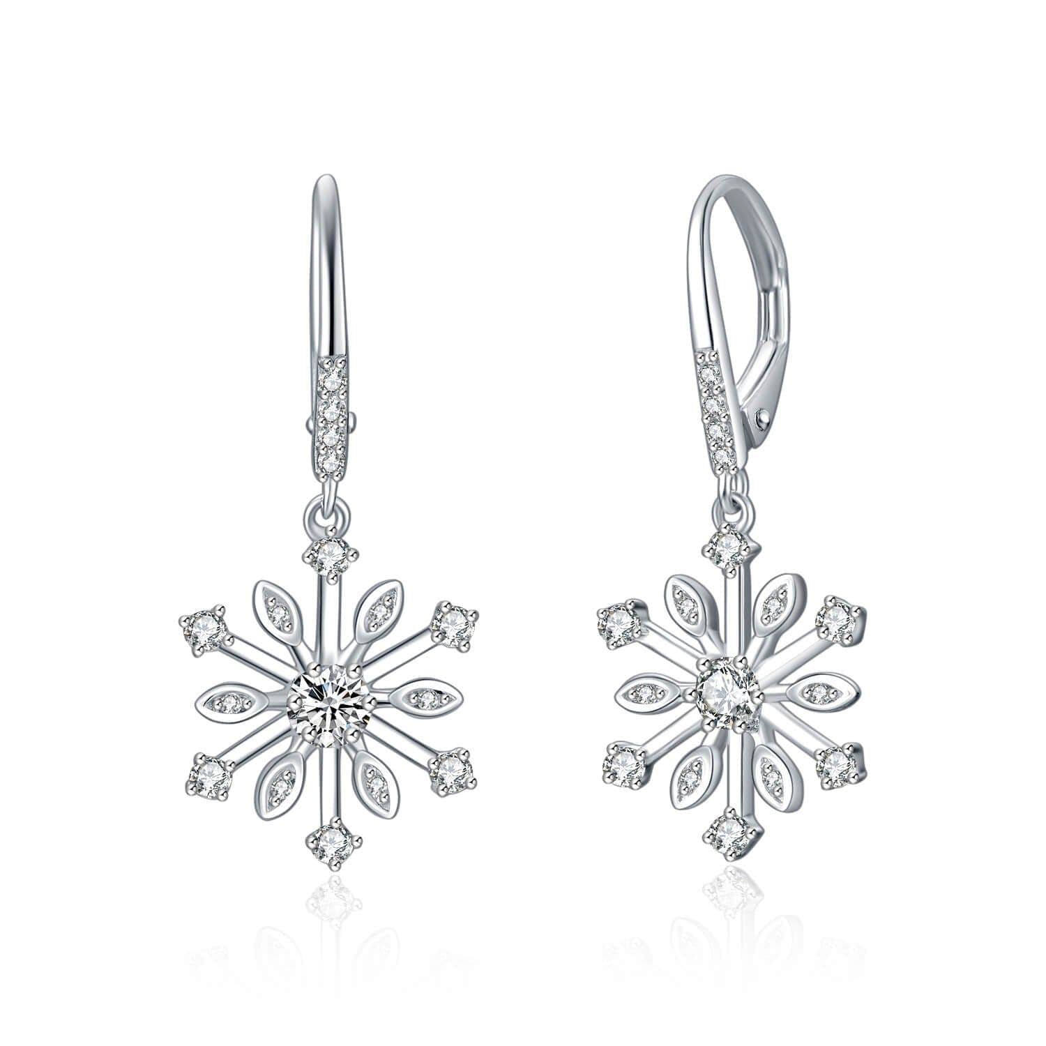 image-Sterling Silver Zirconia Snowflake Leverback Dangle Drop Earrings Jewelry