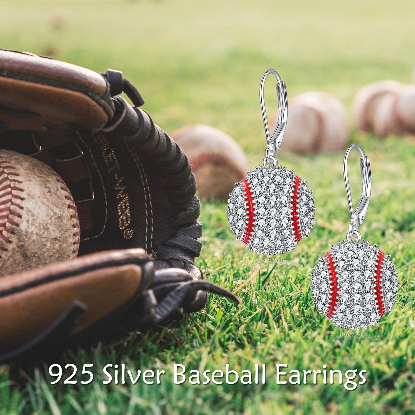 image-Sterling Silver Baseball Earrings Leverback Dangle Drop Earrings Sports Jewelry
