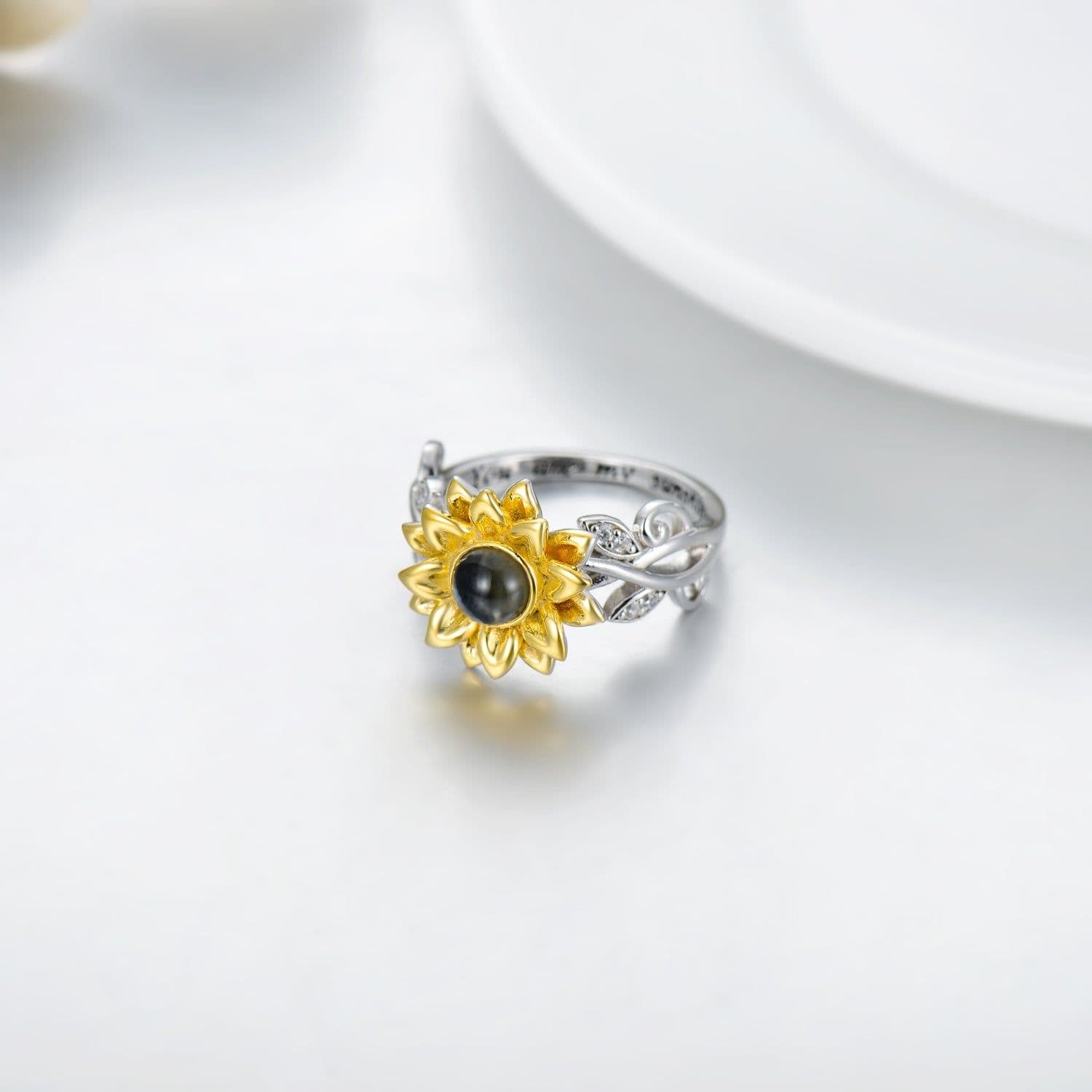 image-Sterling Silver Sunflower Ring with I Love You in 100 Languages You Are My Sunshine