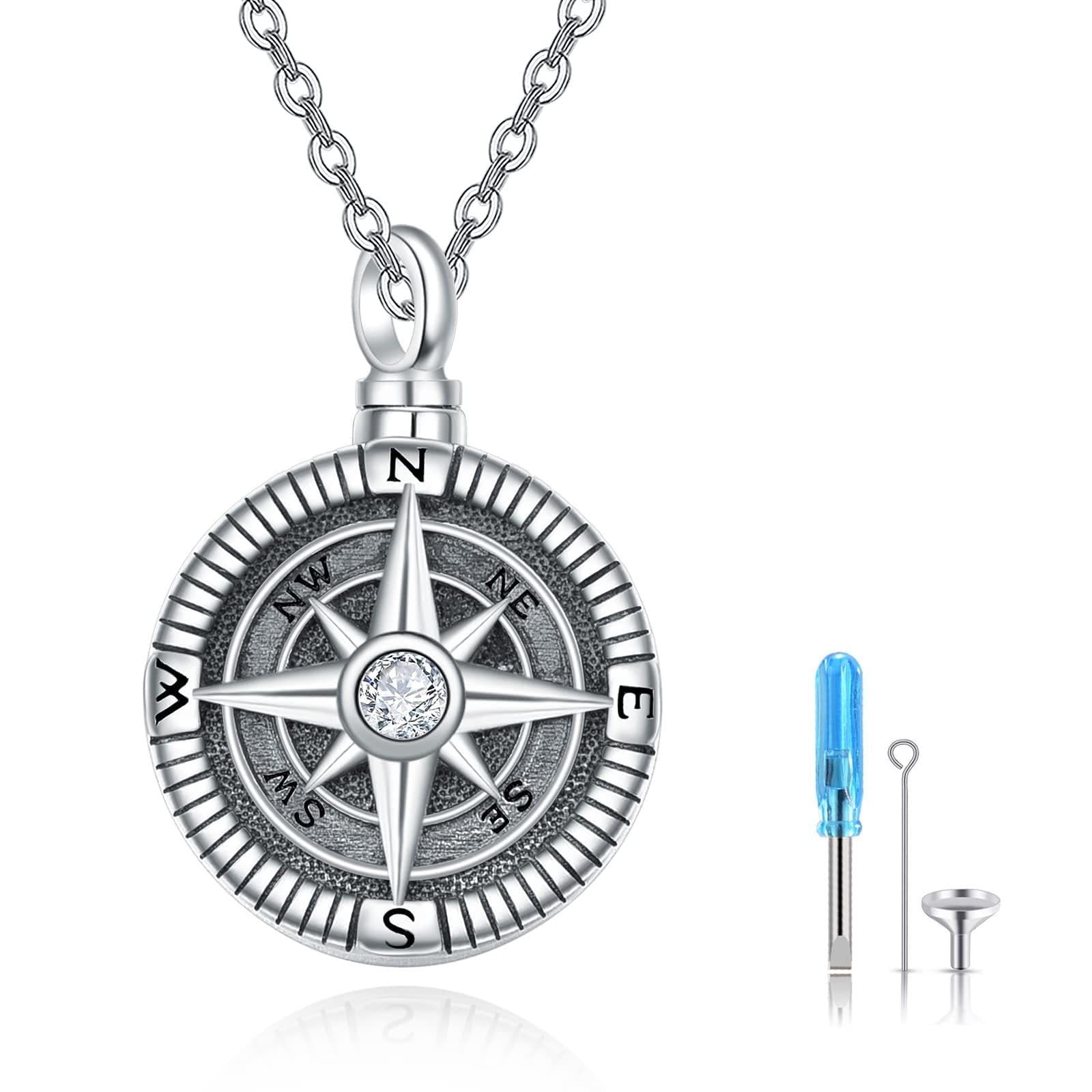 image-Urn Necklaces Compass 925 Sterling Sliver Keepsake Urns Pendant Ashes Jewelry