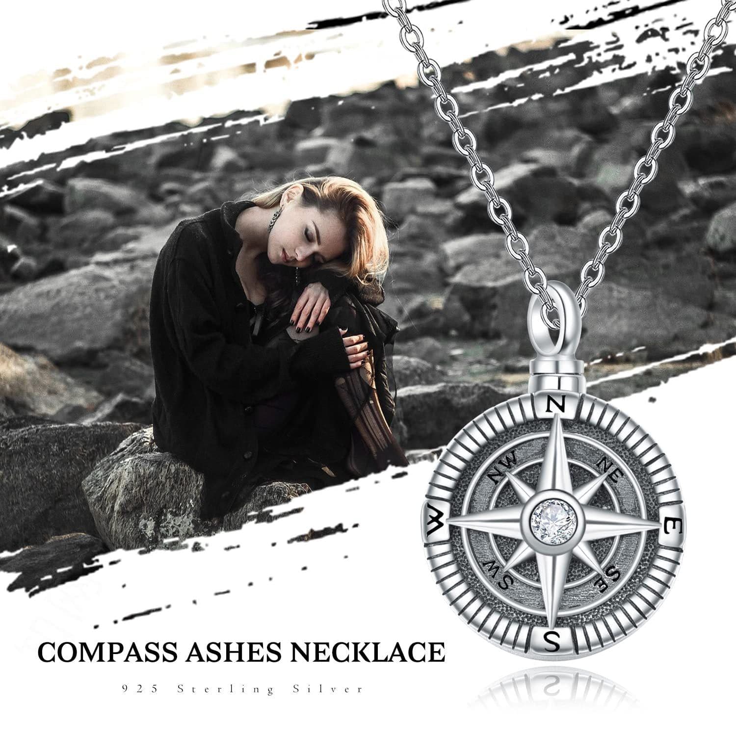 image-Urn Necklaces Compass 925 Sterling Sliver Keepsake Urns Pendant Ashes Jewelry