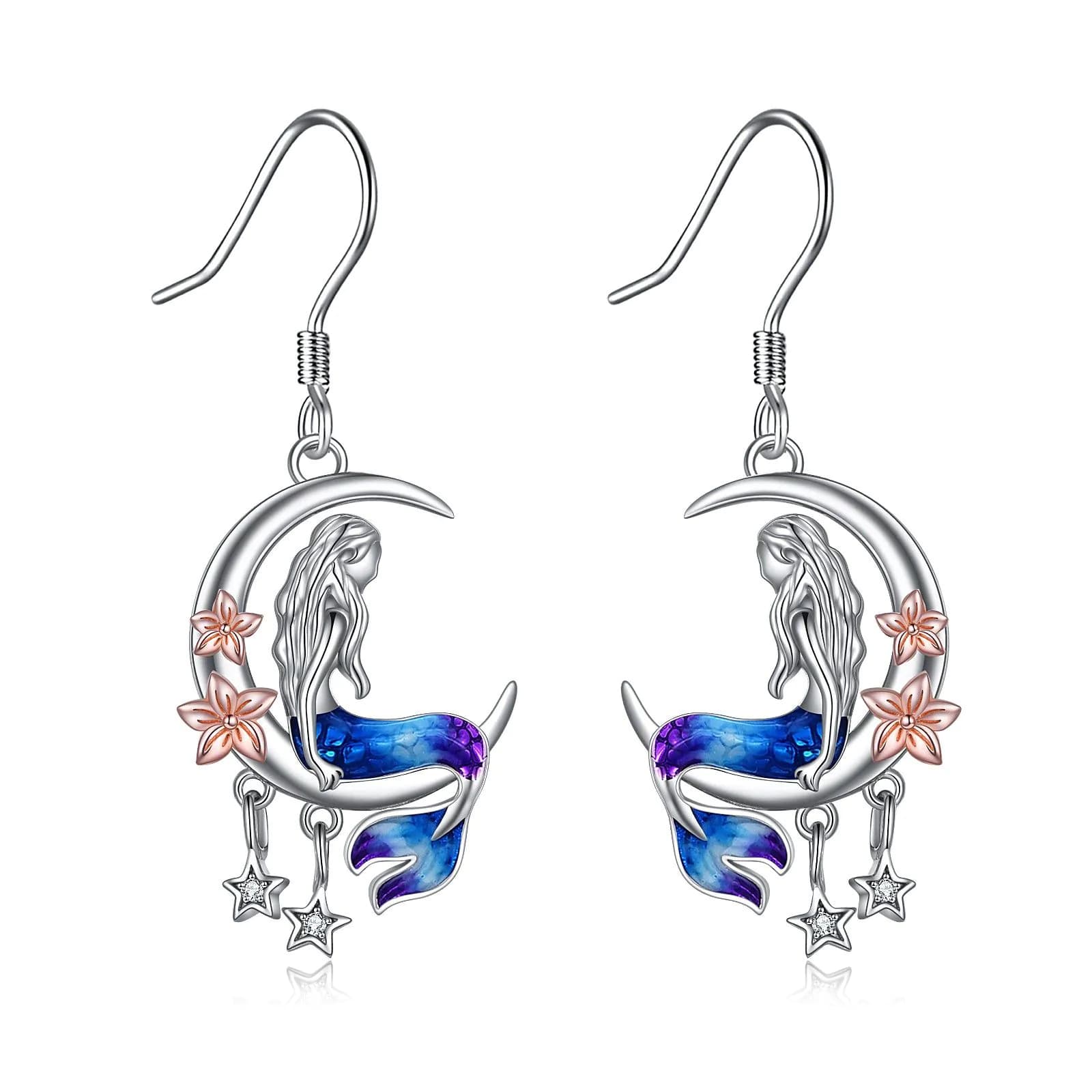 image-Sterling Silver Mermaid Dangle Drop Earrings Crescent Moon Jewelry