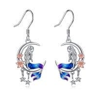 image-Sterling Silver Mermaid Dangle Drop Earrings Crescent Moon Jewelry
