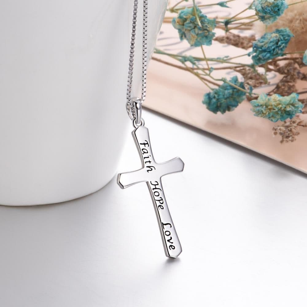 image-Sterling Silver Religious Cross Pendant Faith Hope Love Necklace Birthday Jewelry Gifts Unisex