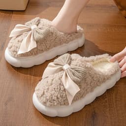 image-Winter Warm Fur Slippers For Women Cute Bow House Non Slip Soft Shoes Comfort Flat Heel Home Indoor Bedroom Plush Slippers