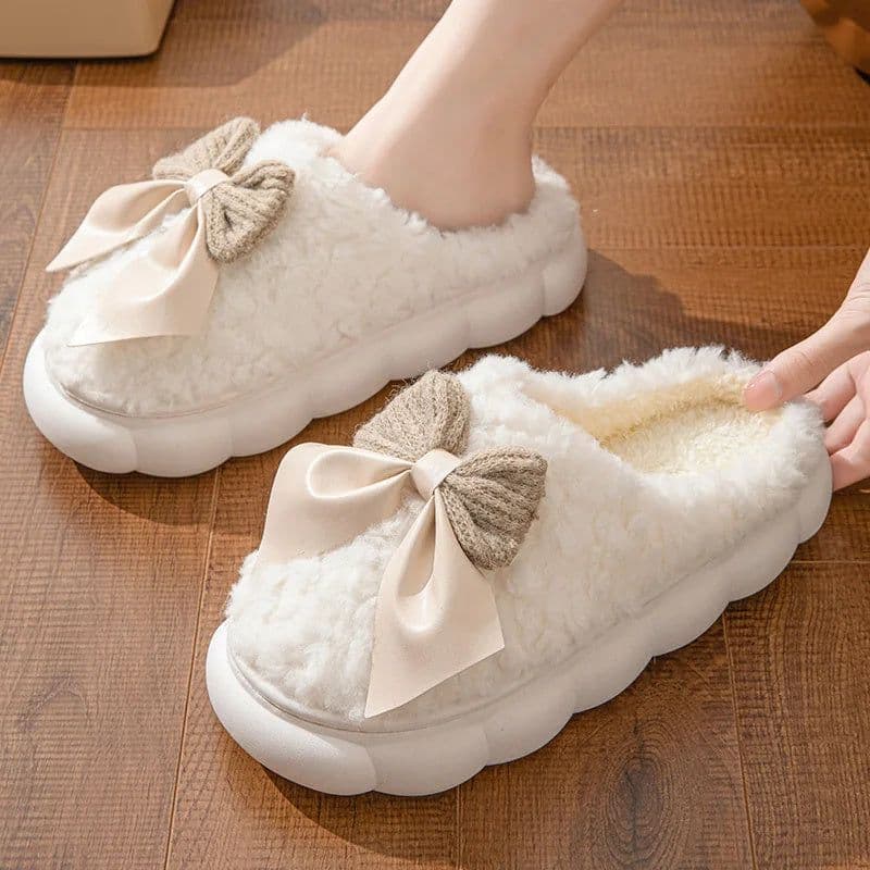 image-Winter Warm Fur Slippers For Women Cute Bow House Non Slip Soft Shoes Comfort Flat Heel Home Indoor Bedroom Plush Slippers