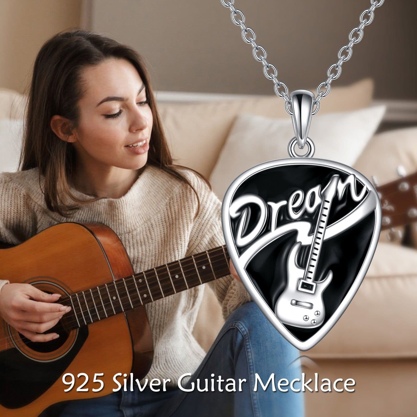 image-Sterling Silver Music Guitar Pick Pendant Necklace Jewelry Gifts for Women