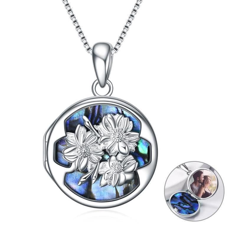 image-Personalized Flower Photo Locket Necklace 925 Sterling Silver Photo Pendant