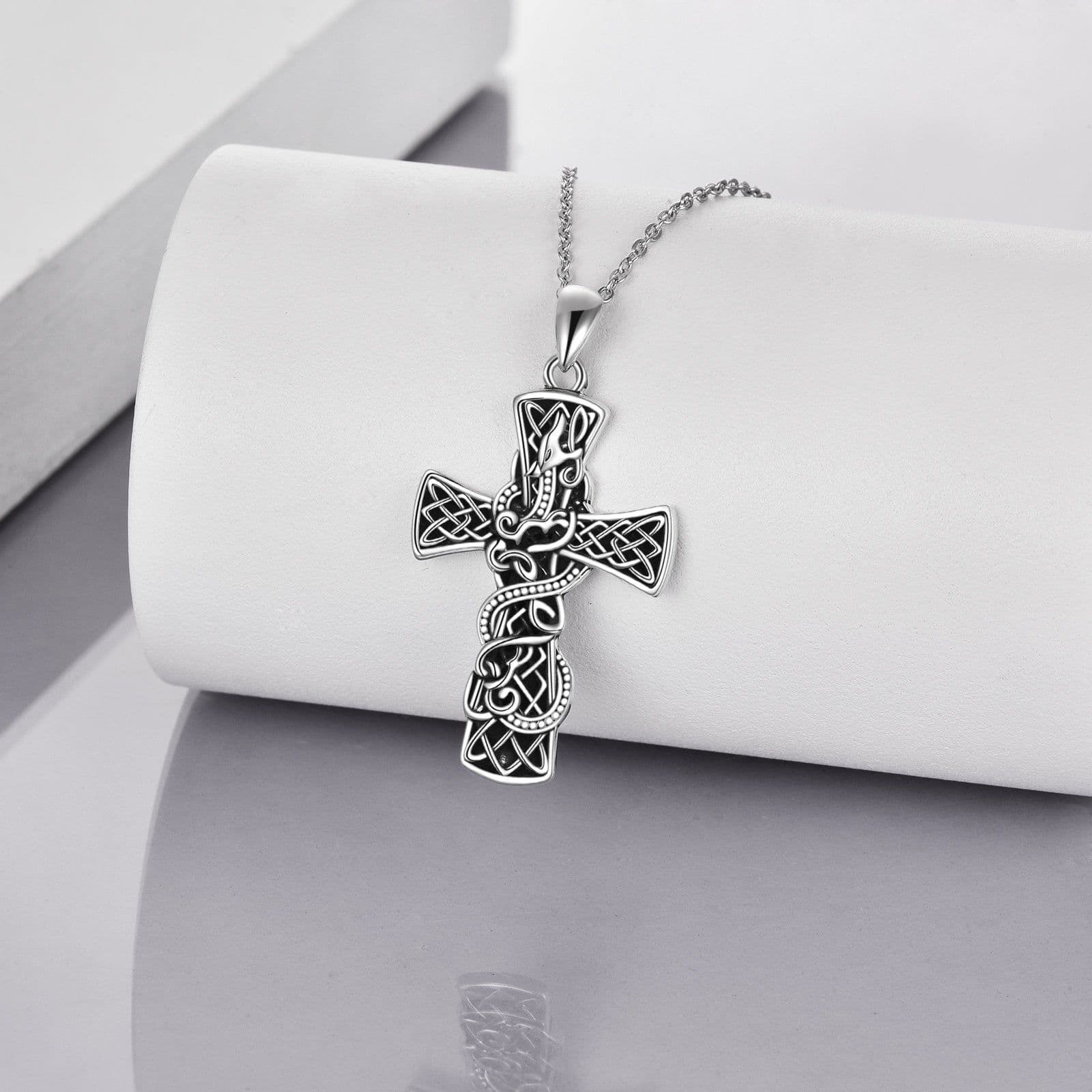 image-Cross Necklace Sterling Silver Cross Faith Celtic Dragon Jewelry for Women Men