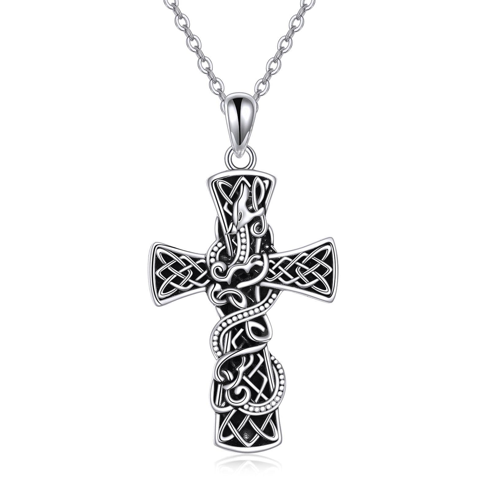 image-Cross Necklace Sterling Silver Cross Faith Celtic Dragon Jewelry for Women Men