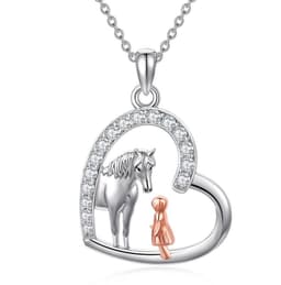 image-Sterling Silver Heart Horse and Girl Pendant Necklace Jewelry Gifts for Women Girls Kids