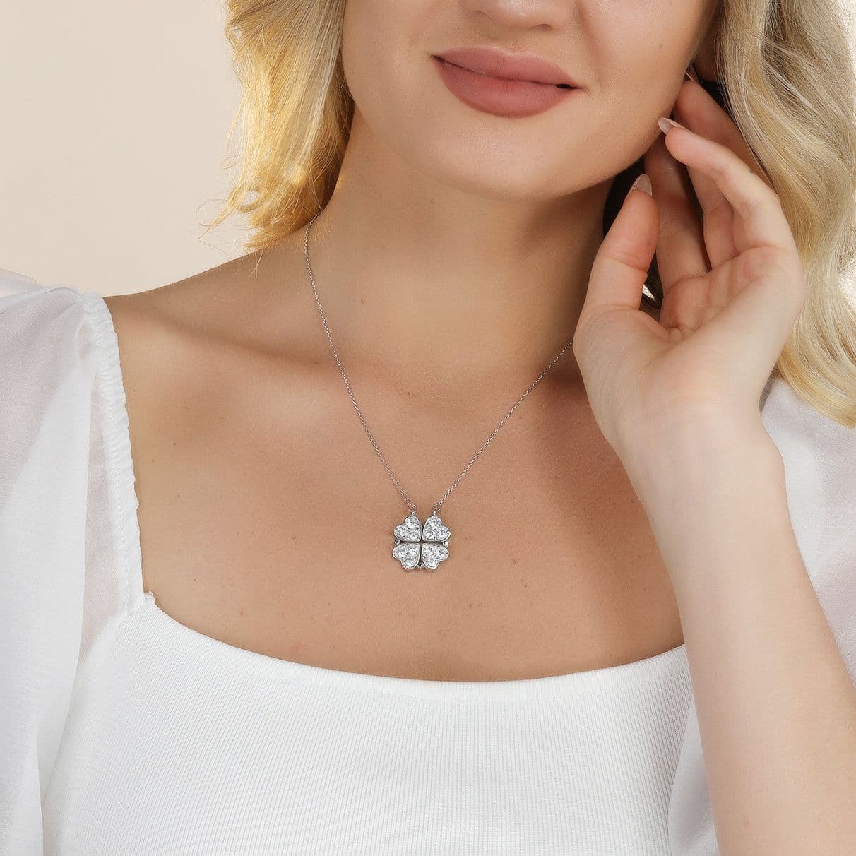 image-Clover Folded Heart Zircon Charm Pendant Necklace Gift for Women