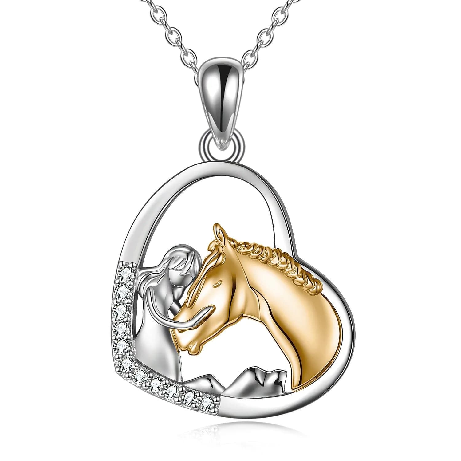 image-Sterling Silver Girls Embrace Horse Heart Pendant Necklace for Women Girls