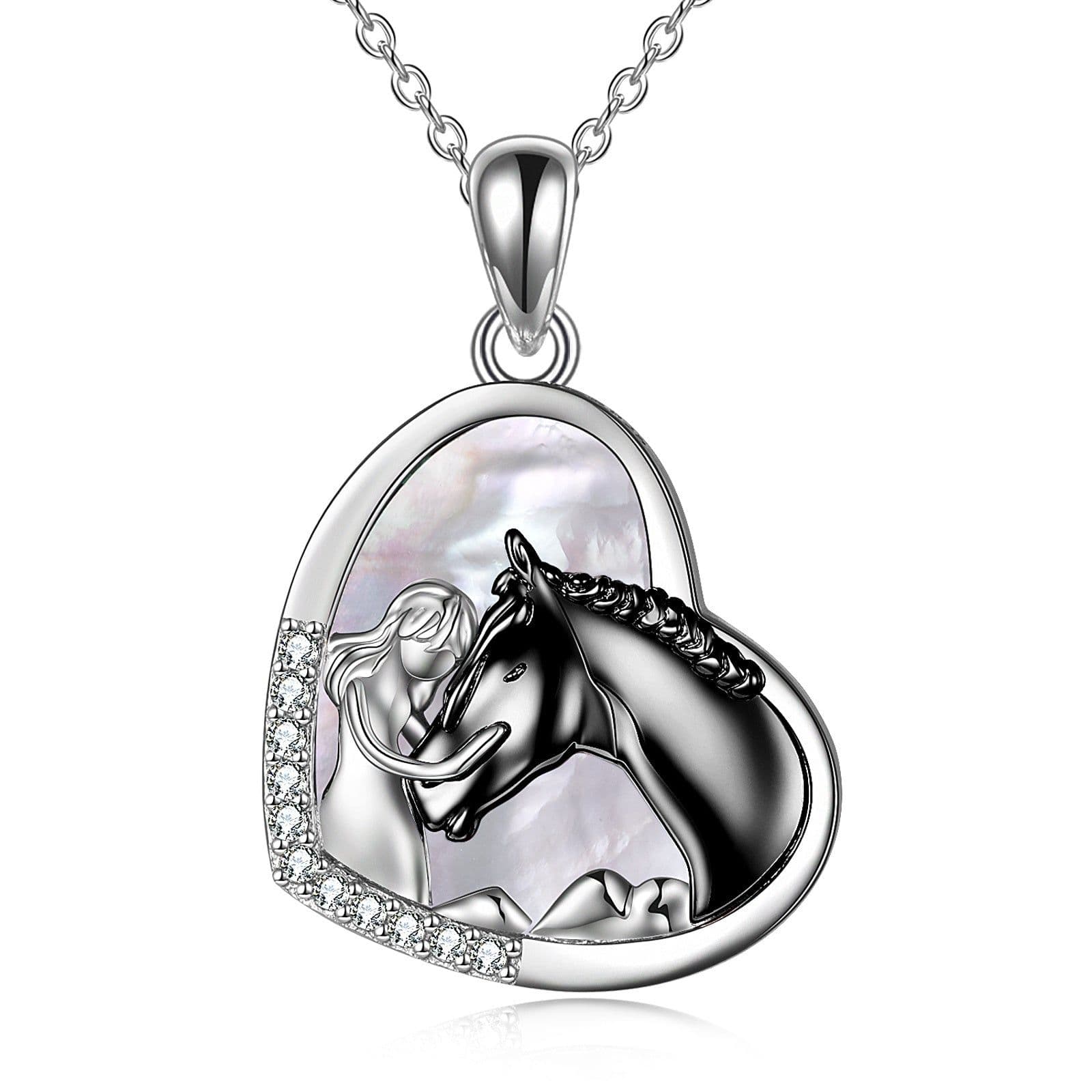 image-Sterling Silver Girls Embrace Horse Heart Pendant Necklace for Women Girls