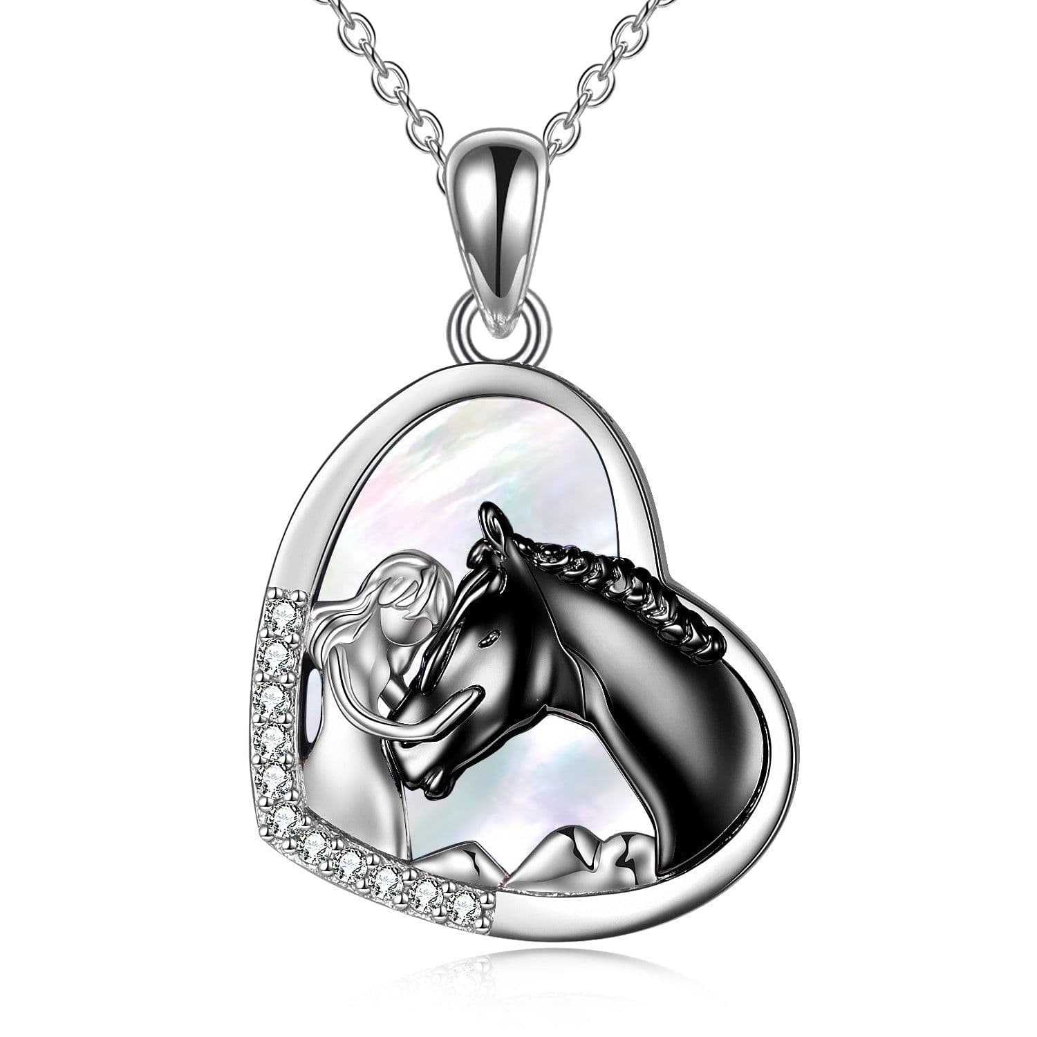 image-Sterling Silver Girls Embrace Horse Heart Pendant Necklace for Women Girls