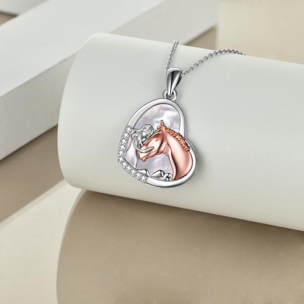 image-Sterling Silver Girls Embrace Horse Heart Pendant Necklace for Women Girls