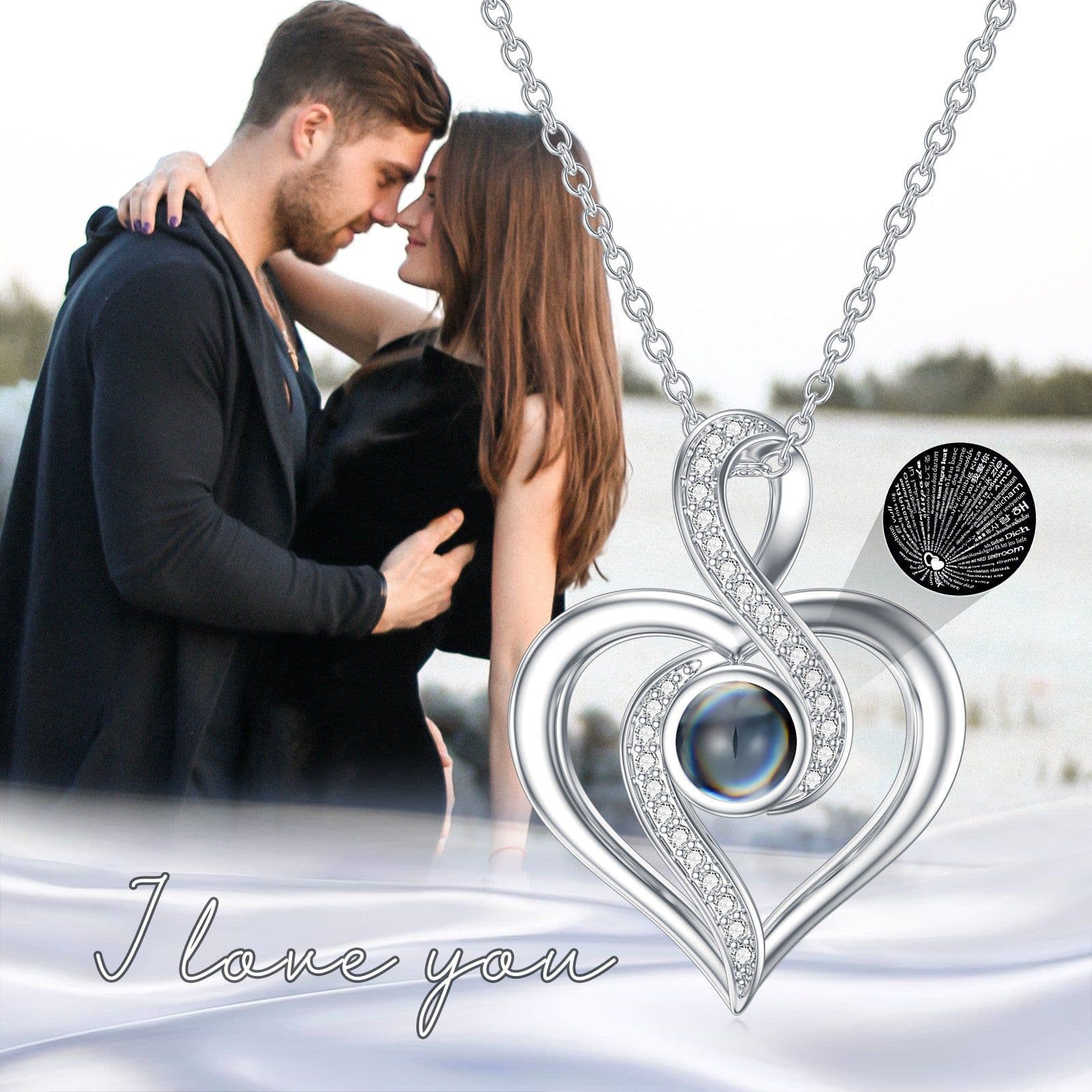 image-I Love You 100 Languages Heart Infinity Projection Necklace
