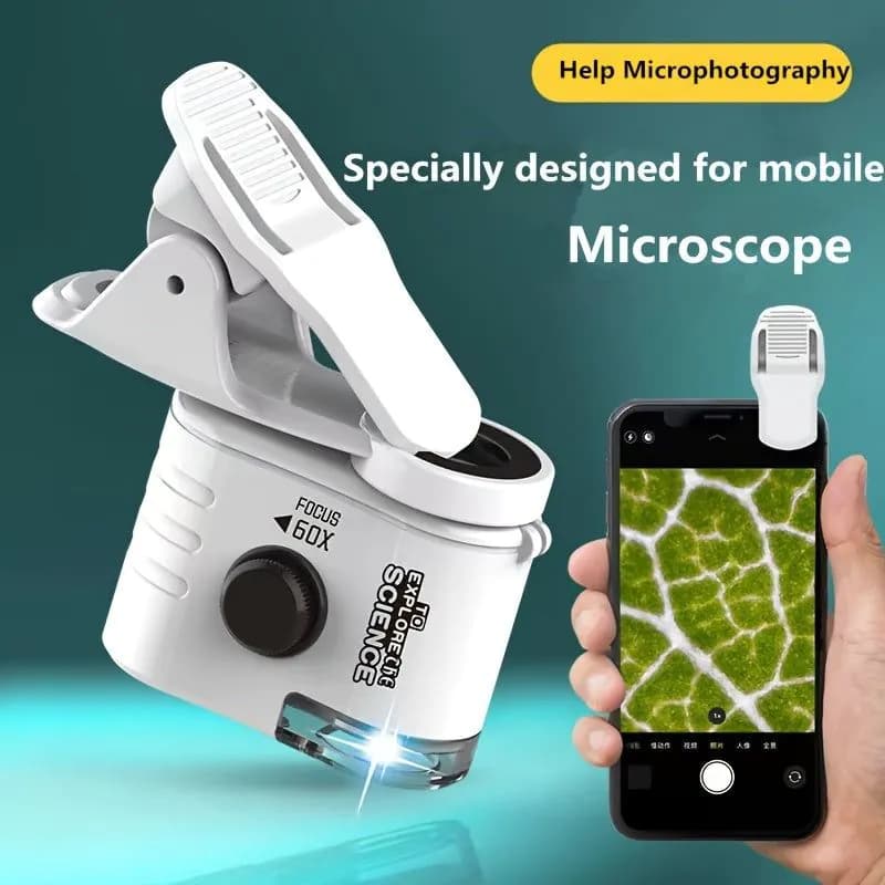 image-Mini Mobile Phone Microscope, 60x Pocket Microscope, Handheld Portable LED Lighted Magnification Endoscope With A Mobile Phone Adapter Clip
