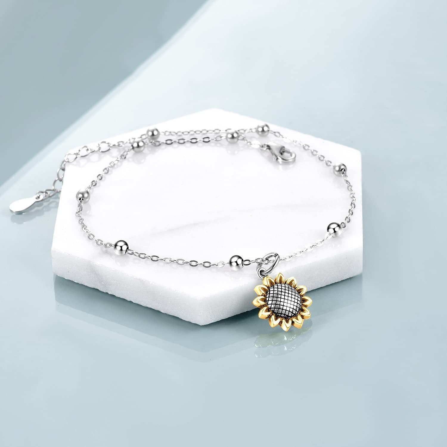 image-Beads Anklet Sterling Silver Sunflower Ankle Bracelets Jewelry for Women Girls Gifts