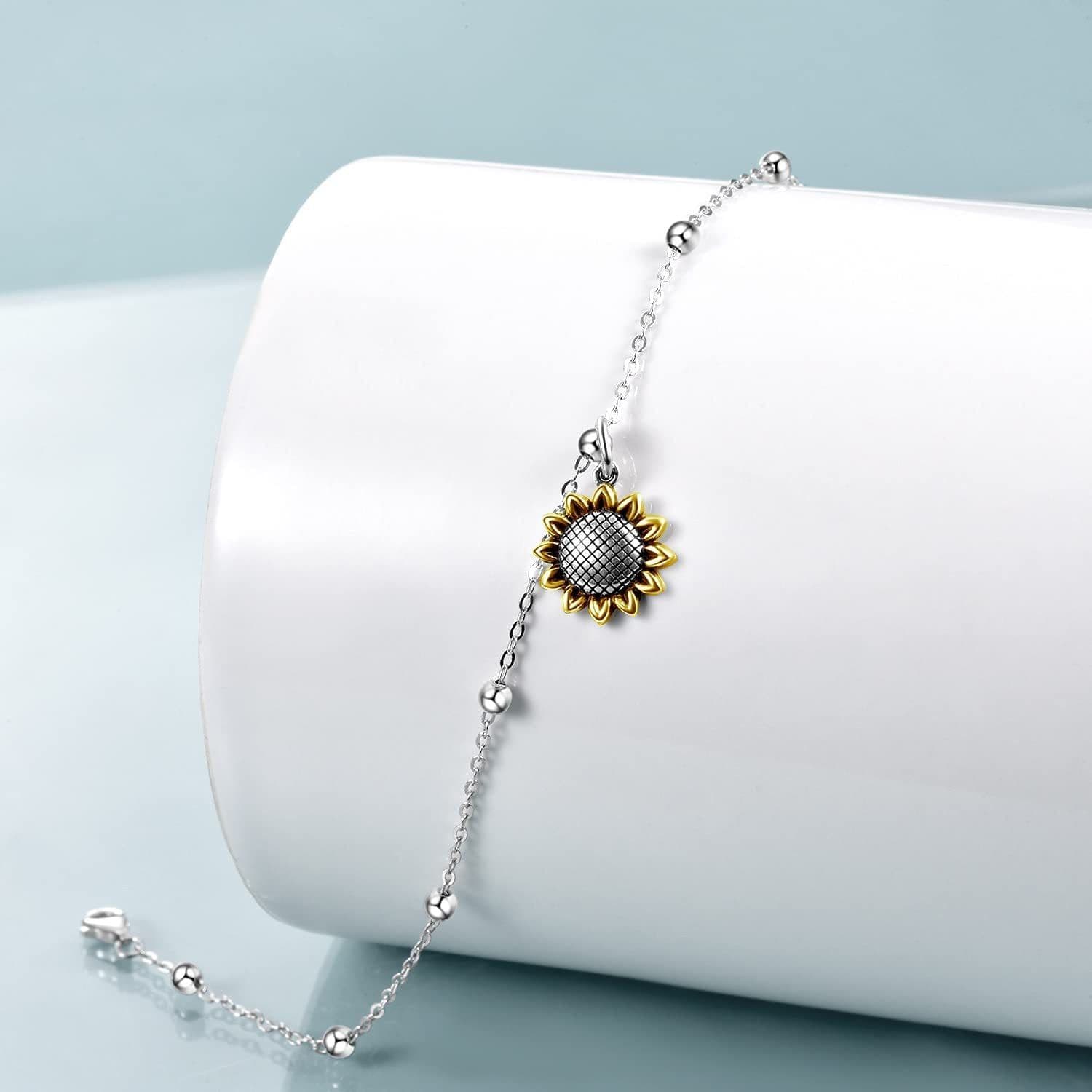 image-Beads Anklet Sterling Silver Sunflower Ankle Bracelets Jewelry for Women Girls Gifts