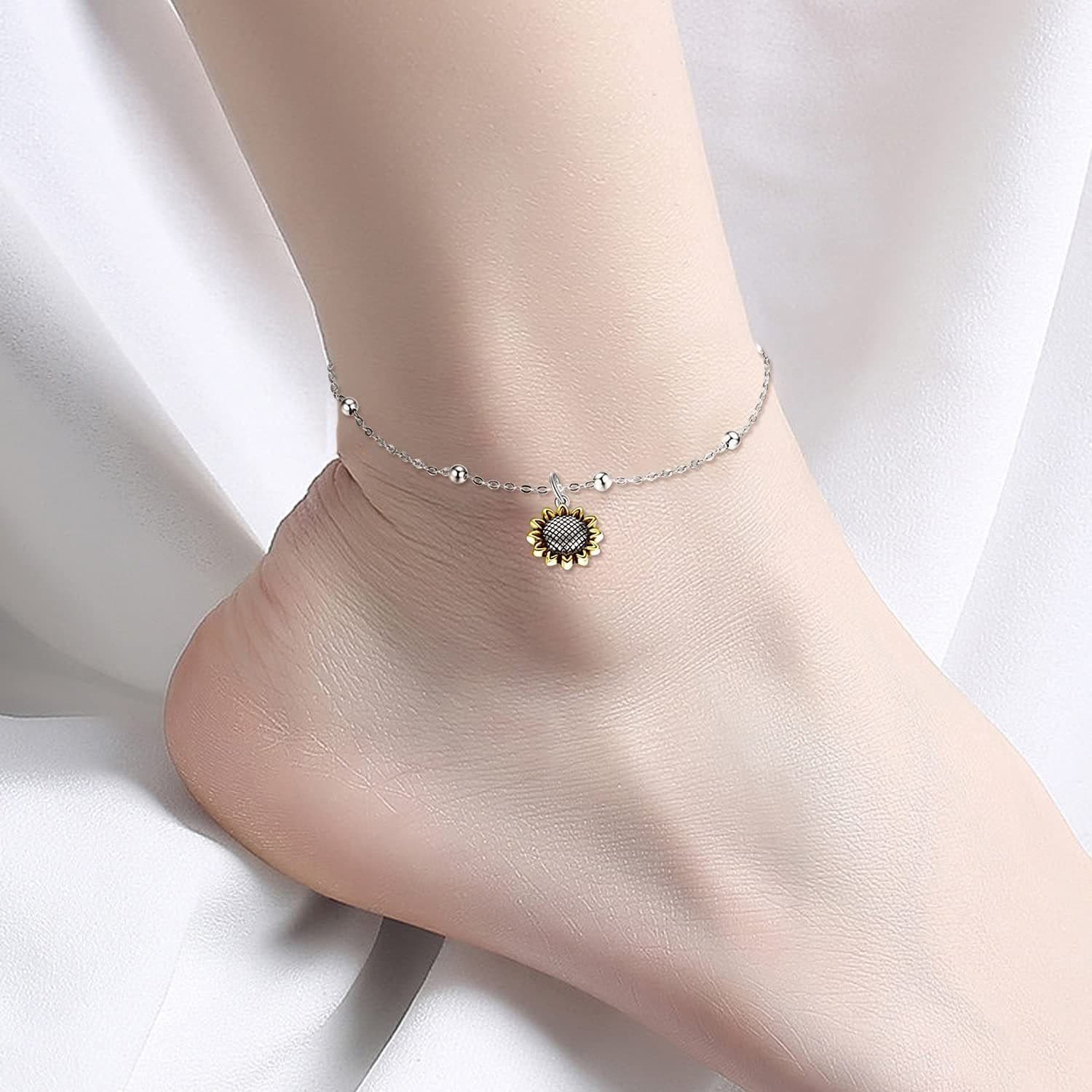 image-Beads Anklet Sterling Silver Sunflower Ankle Bracelets Jewelry for Women Girls Gifts