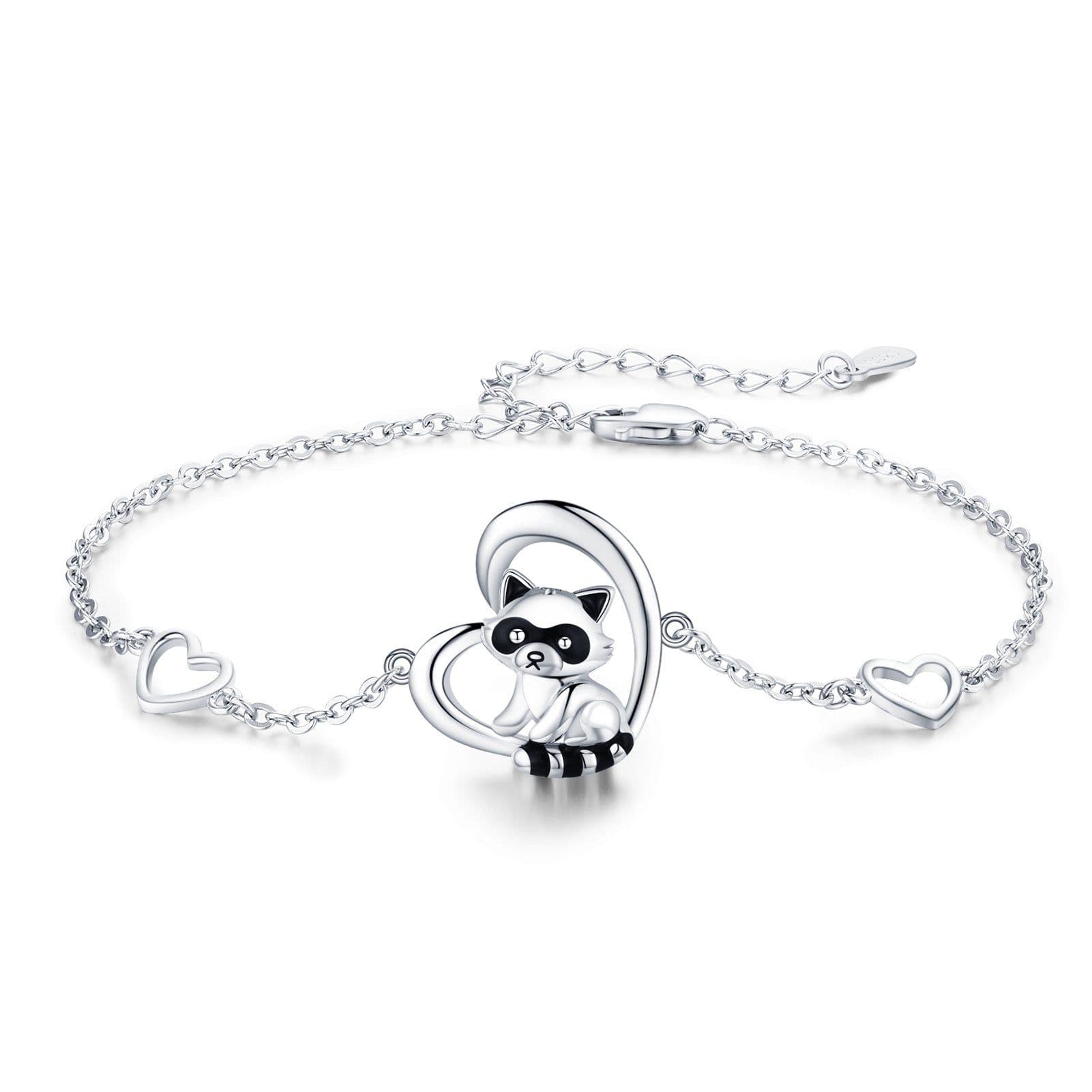 image-925 Sterling Silver Heart Charm Raccoon Bracelet Animal Jewelry Gifts For Women Girls Teen