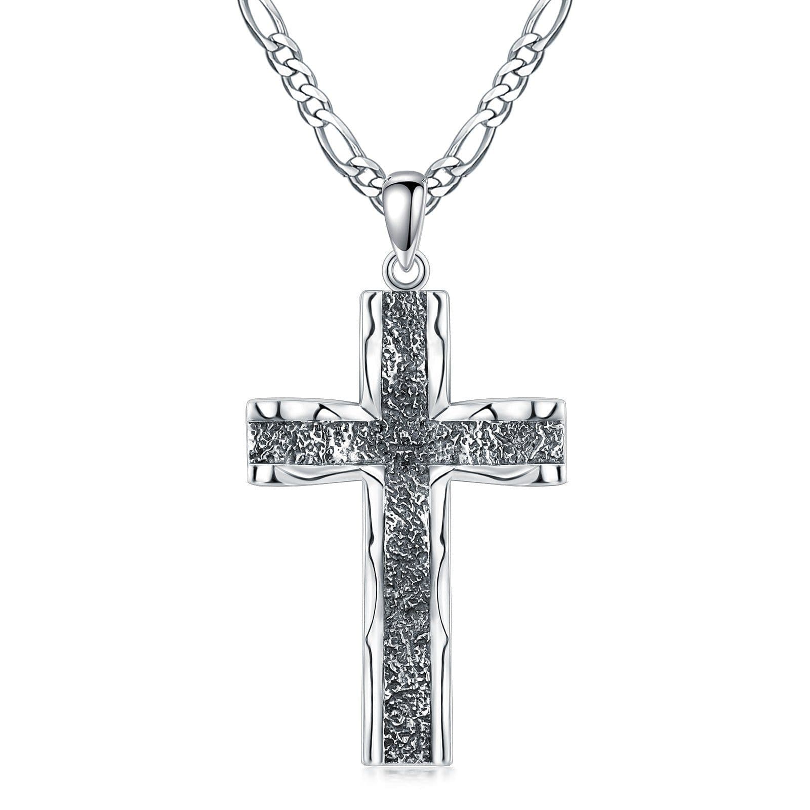 image-925 Sterling Silver Cross Pendant with Stainless Steel Figaro Chain Oxidized Cross Necklace Christian Jewelry