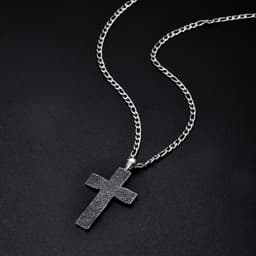 image-925 Sterling Silver Cross Pendant with Stainless Steel Figaro Chain Oxidized Cross Necklace Christian Jewelry