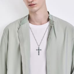 image-925 Sterling Silver Cross Pendant with Stainless Steel Figaro Chain Oxidized Cross Necklace Christian Jewelry