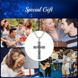 image-925 Sterling Silver Cross Pendant with Stainless Steel Figaro Chain Oxidized Cross Necklace Christian Jewelry