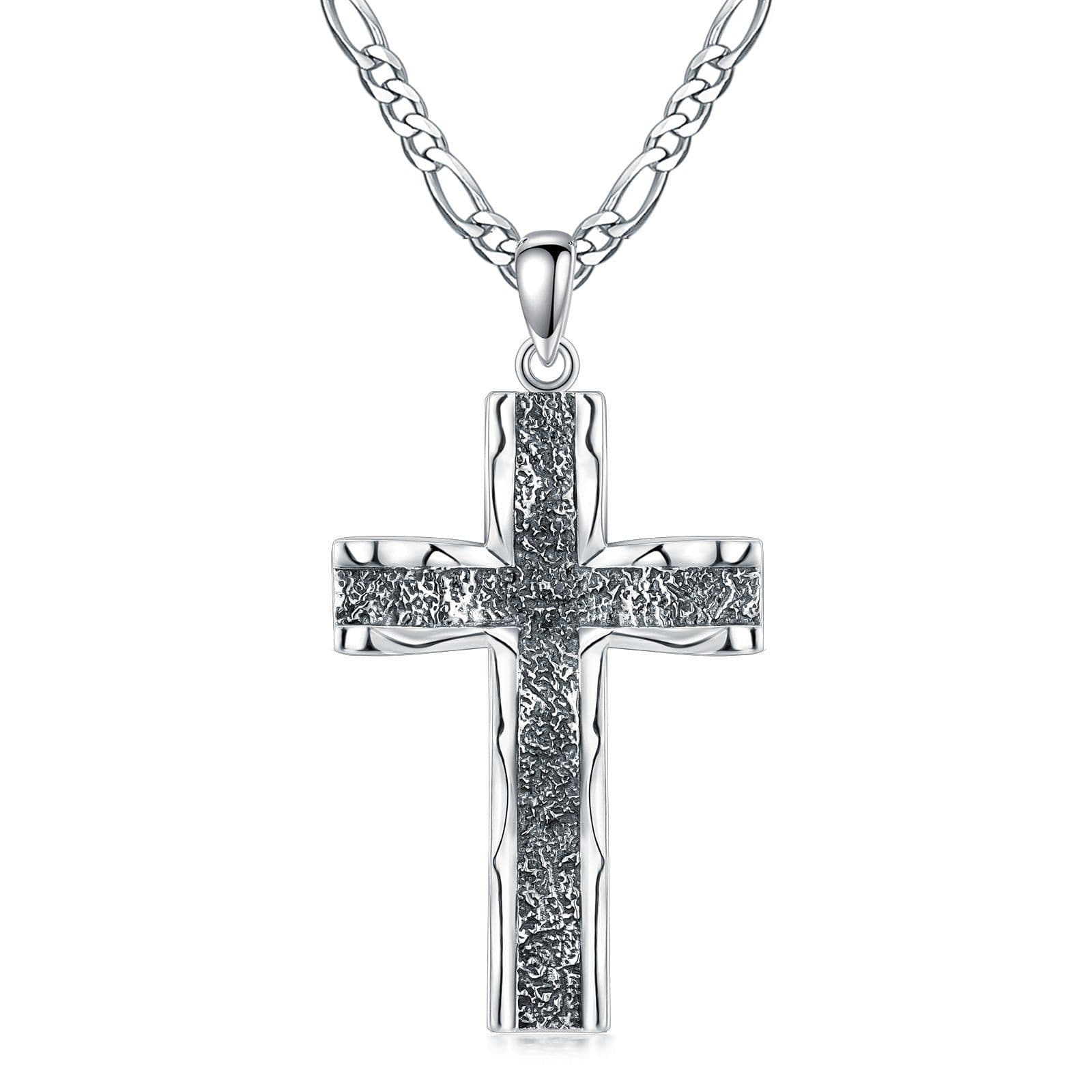 image-925 Sterling Silver Cross Pendant with Stainless Steel Figaro Chain Oxidized Cross Necklace Christian Jewelry