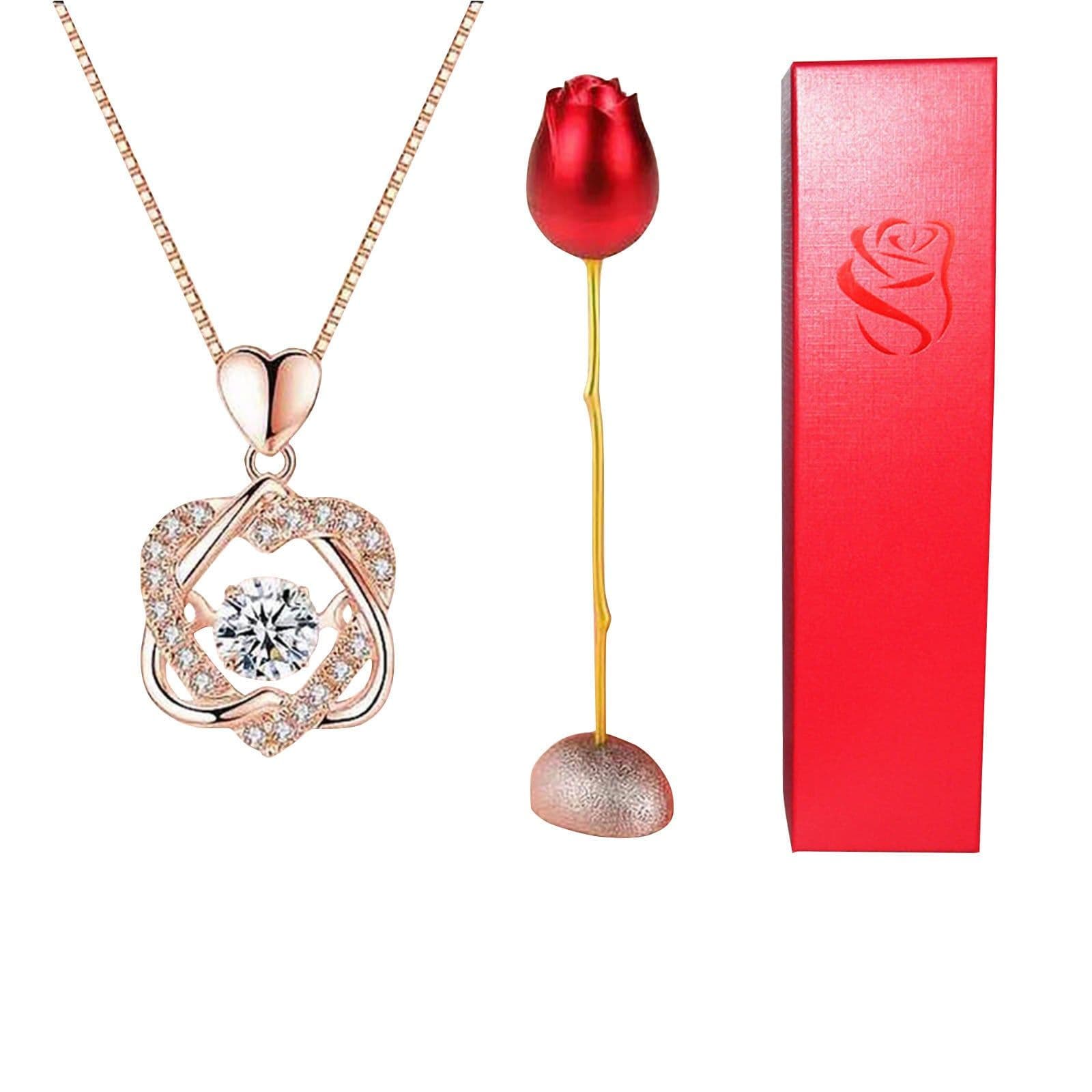 image-Valentines Day Gift Heart Shaped Blue Purple Crystal Diamond Pendant Rose Head Necklace
