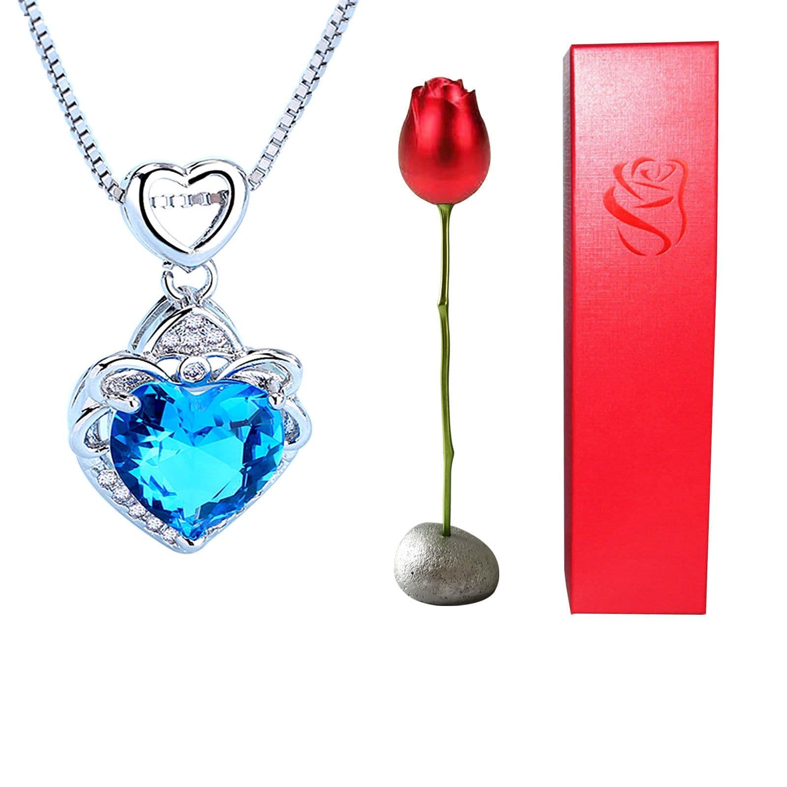image-Valentines Day Gift Heart Shaped Blue Purple Crystal Diamond Pendant Rose Head Necklace