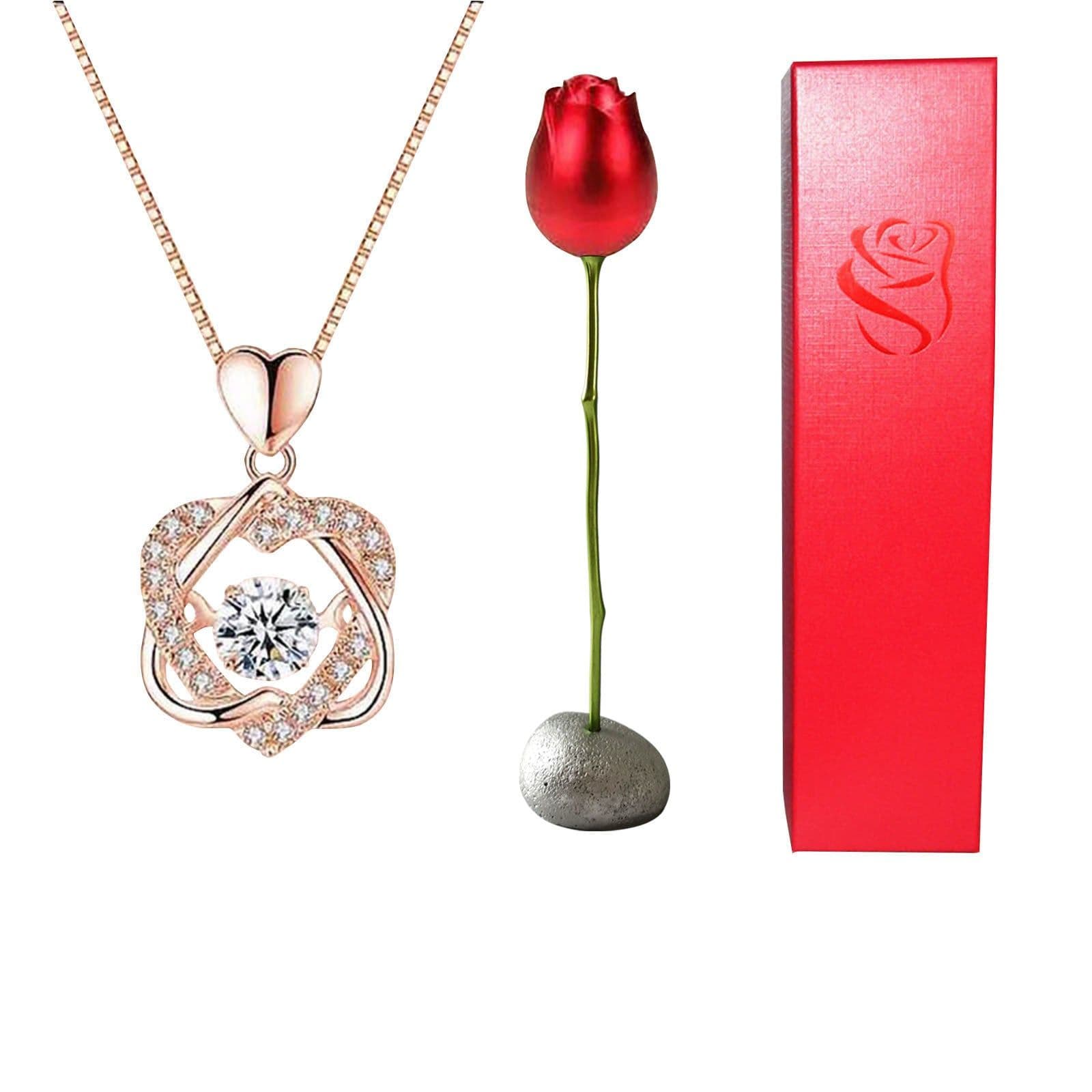 image-Valentines Day Gift Heart Shaped Blue Purple Crystal Diamond Pendant Rose Head Necklace