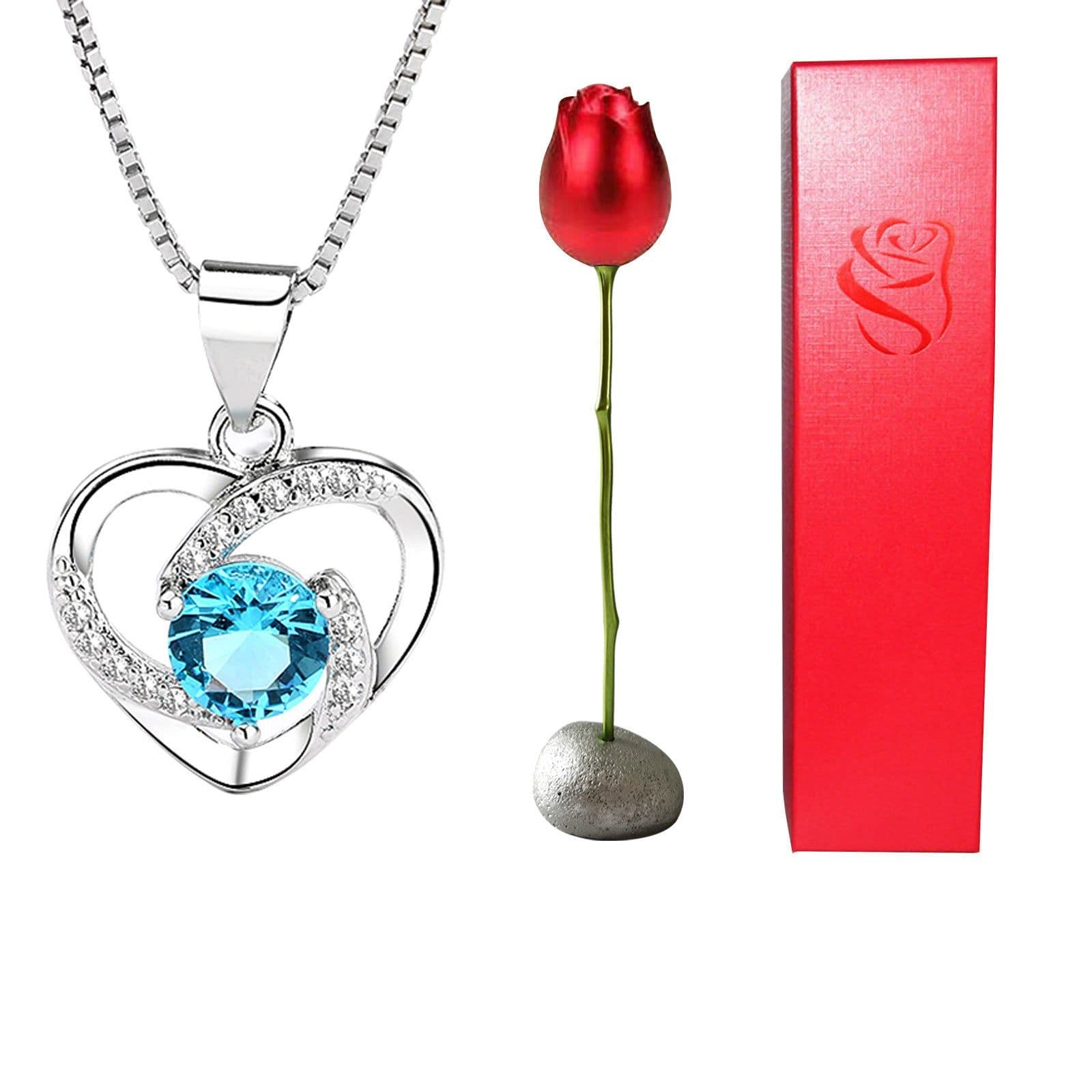 image-Valentines Day Gift Heart Shaped Blue Purple Crystal Diamond Pendant Rose Head Necklace