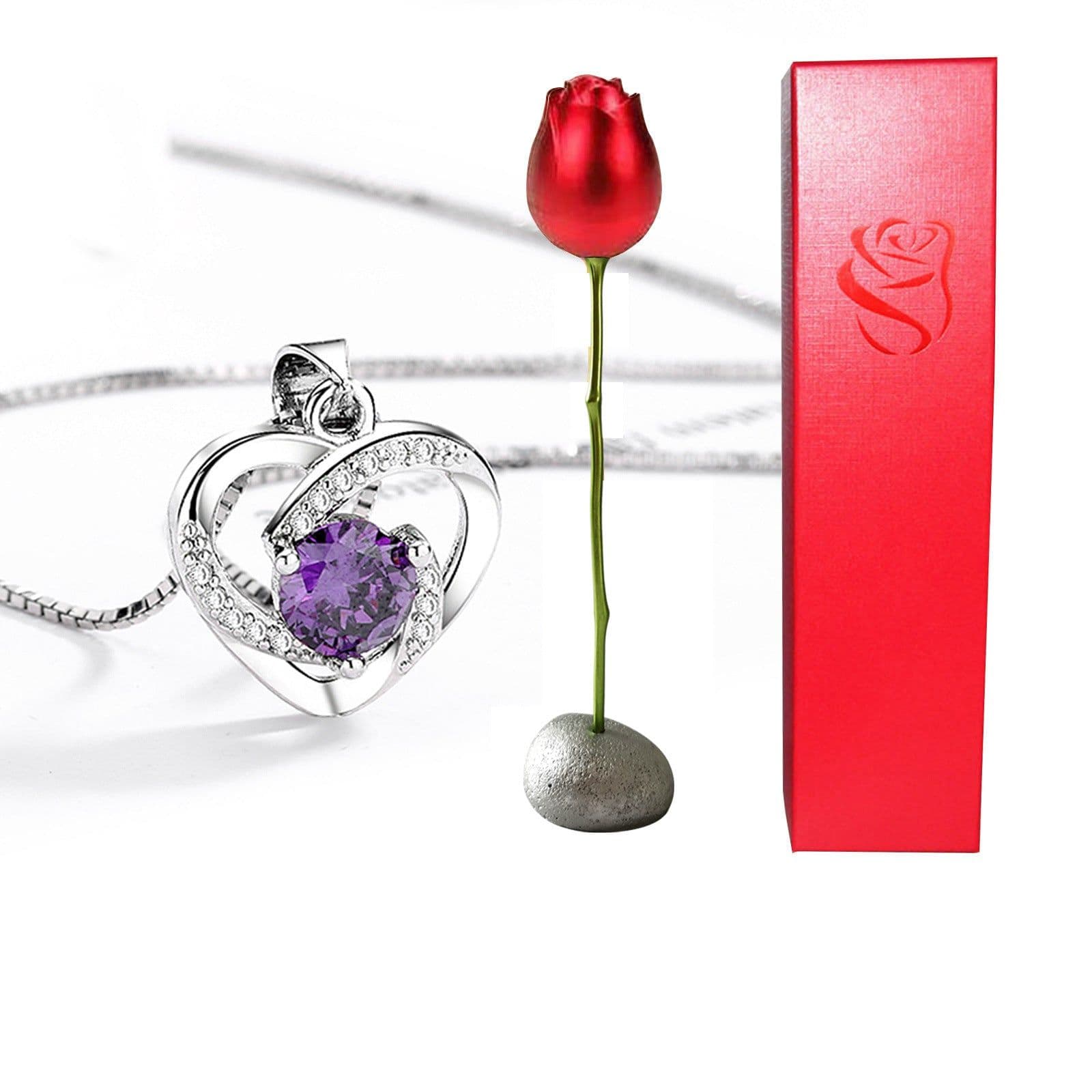 image-Valentines Day Gift Heart Shaped Blue Purple Crystal Diamond Pendant Rose Head Necklace