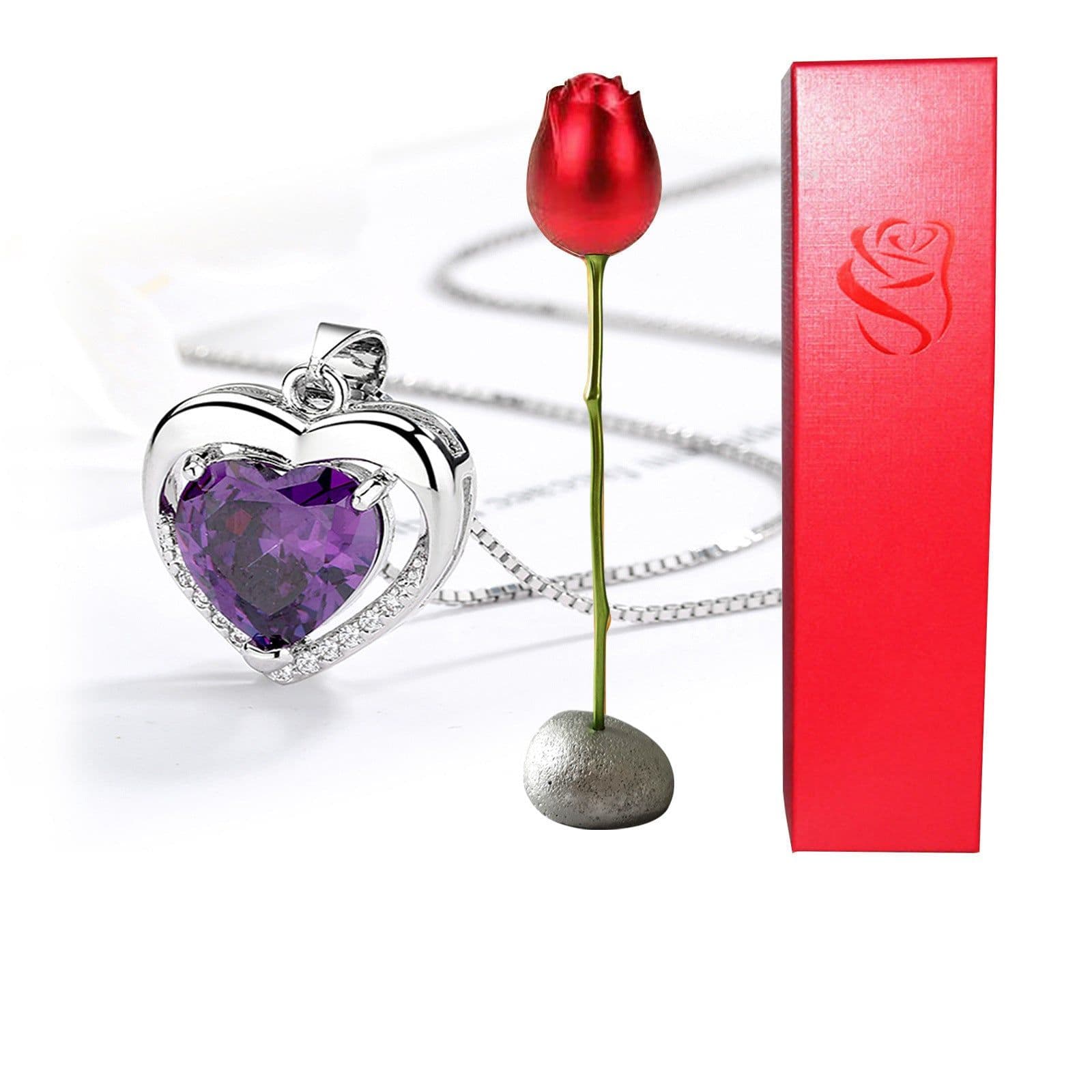 image-Valentines Day Gift Heart Shaped Blue Purple Crystal Diamond Pendant Rose Head Necklace