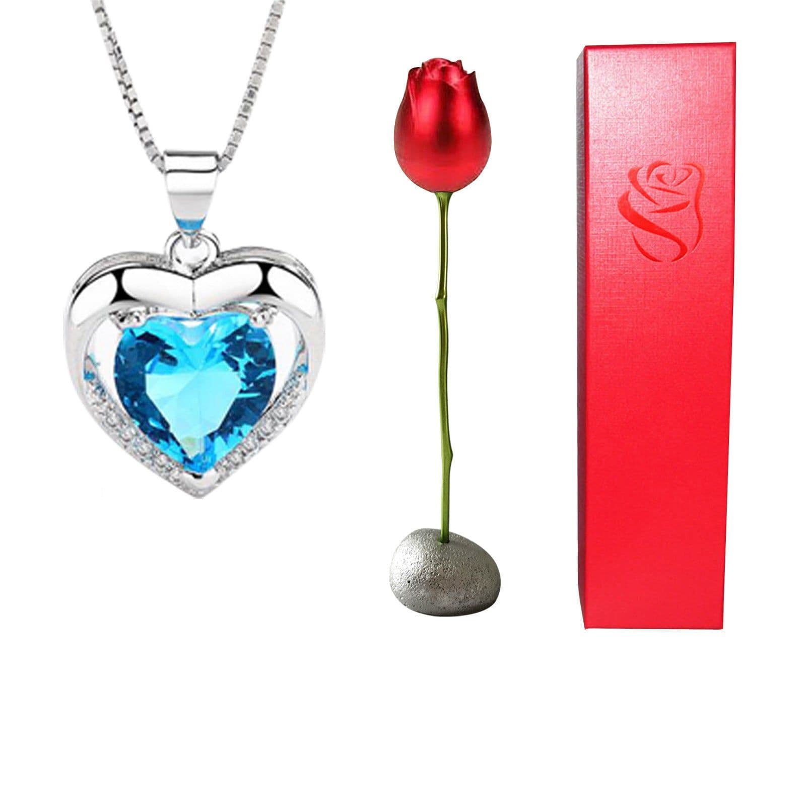 image-Valentines Day Gift Heart Shaped Blue Purple Crystal Diamond Pendant Rose Head Necklace