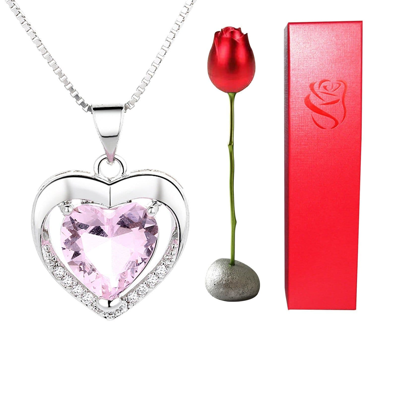 image-Valentines Day Gift Heart Shaped Blue Purple Crystal Diamond Pendant Rose Head Necklace