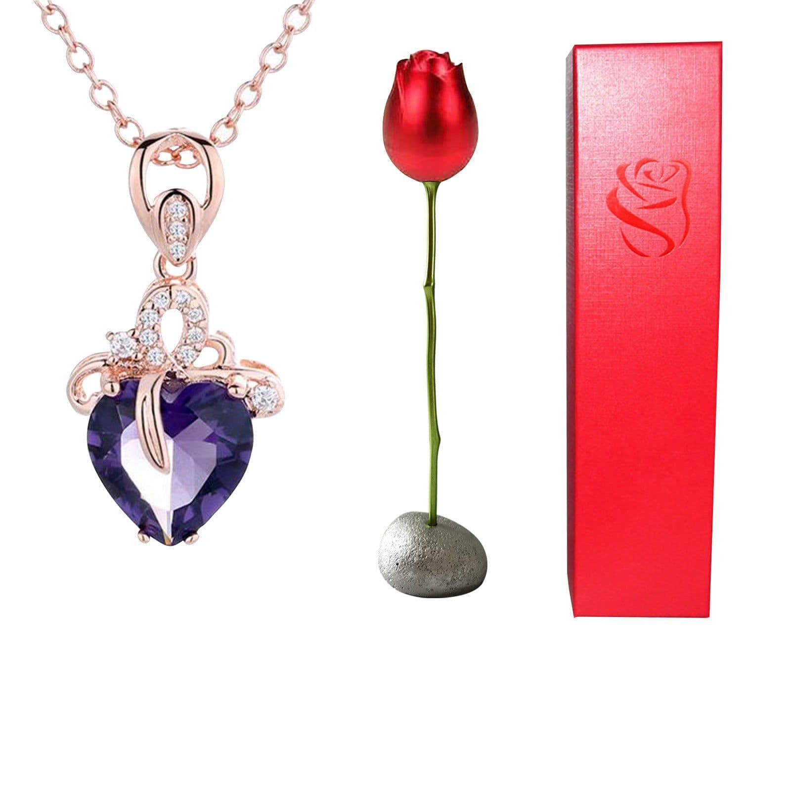 image-Valentines Day Gift Heart Shaped Blue Purple Crystal Diamond Pendant Rose Head Necklace